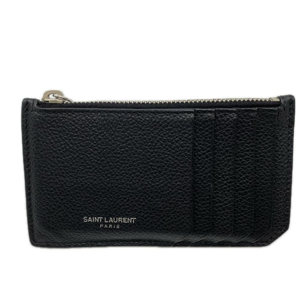 YVES SAINT LAURENT Logo Fragment Card Case 458583 Wallet/Coin Black Grain Lea...